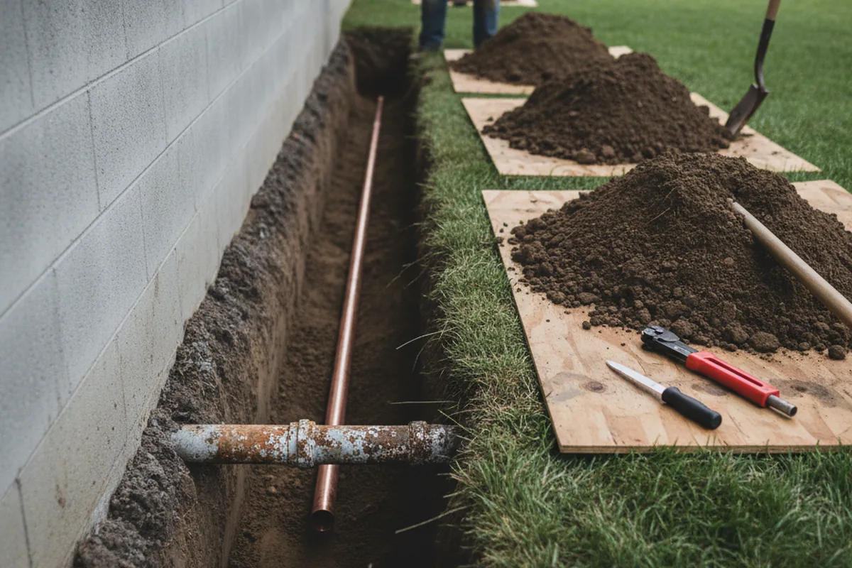 Excavated water line trench during Water Softener Installation in Lakeside